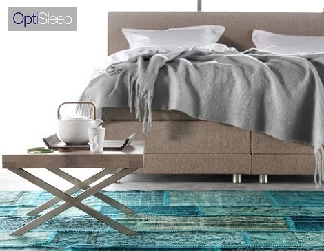 Optisleep boxspring 1000 stof sand poot alu recht hoofdbord slaapkenner theo bot scandinavisch slapen topper logo